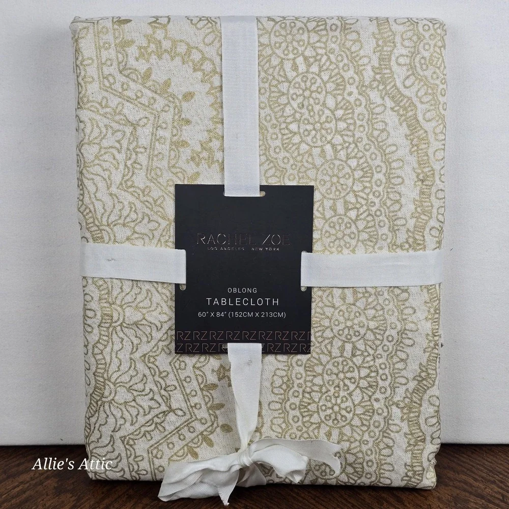Rachel Zoe Tablecloth 60x84 New Gold White Beige Boho Floral Minimilist Cotton‎